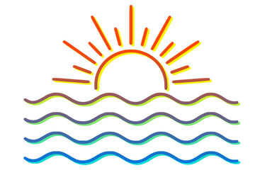 Sunset over ocean waves, line illustration with vibrant colors