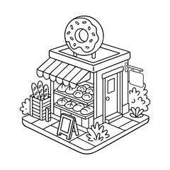 Cute Kawaii Building Coloring Page, Simple Line Art Illustration, Vector Illustration