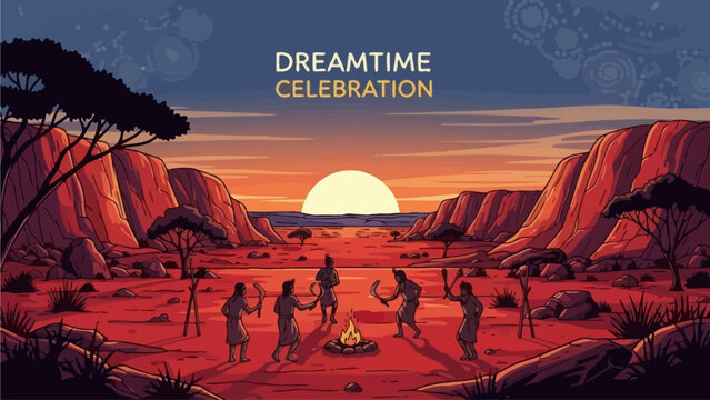 Dreamtime Celebration Indigenous Australian People Gather Around a Campfire at Sunset