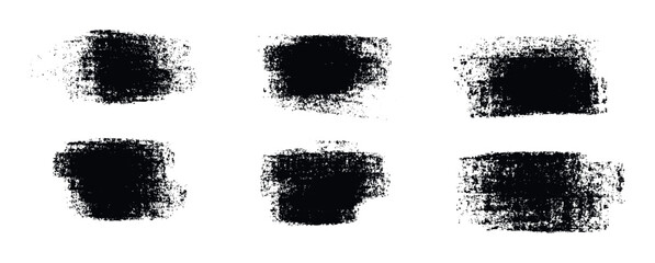 Six grunge brush strokes in black with a textured distressed effect, perfect for abstract backgrounds, textured overlays, and graphic enhancements in various media projects.