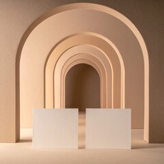 Archway Corridor With Two Square Cards In Neutral Tones And Warm Lighting