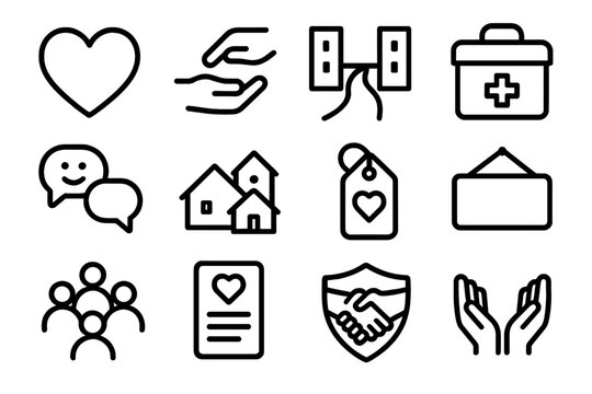 Community Care Icons. Assured Community Care Set linear set: heart emblem, supportive gesture, open pathway, resource box, friendly chat icon, neighborhood symbol, help tag,