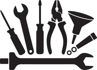 Black silhouette of various automotive repair tools and a funnel wrench spanner