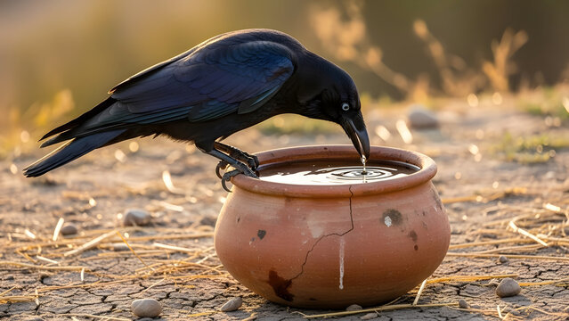Thirsty Crow Drinking Water from Clay Pot in Dry Landscape.