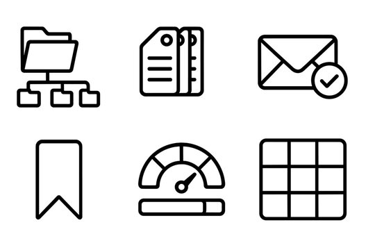 Digital Organization Icons. Organized Digital Spaces linear set: folder tree, color-coded labels, inbox zero icon, file sorter, bookmark set, storage meter, tab manager, clean grid