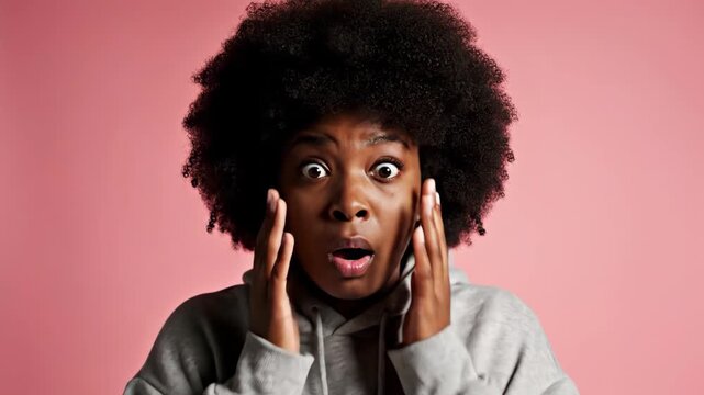 Shocked Young Woman With Afro Hair Expressing Surprise and Astonishment.