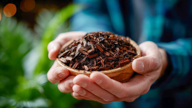 Close-up of hands holding rich compost soil with wood chips, showcasing sustainable gardening and organic farming - Powered by Adobe