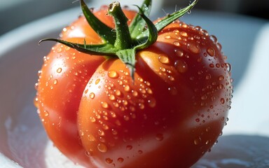 Fresh red tomato with water droplets macro detail, ripe organic vegetable wet texture, healthy food nutrition concept, for kitchen, restaurant, diet, cooking, market.