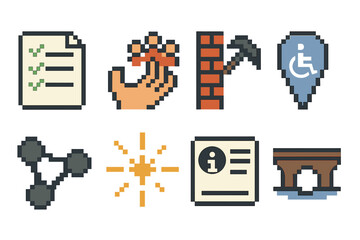 Fototapeta premium Equity Icons Set. Equity-Oriented Practices pixel style set: needs assessment sheet, community outreach hand, barrier removal icon, accessible map marker, support network nodes,