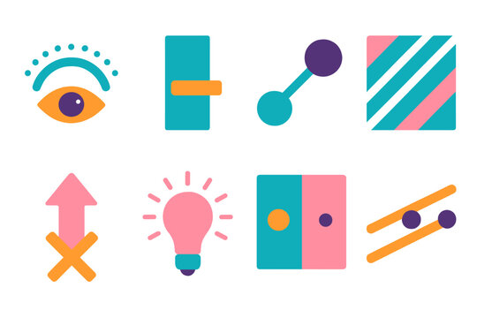 Colorful Reality Icons. Reality-check motifs flat set: perception arc tile, truth bar, viewpoint node, clarity band, distortion marker, insight glow, comparison panel, alignment