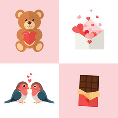 Valentine's day cute elements set. Teddy Bear, Love Letter, Couple Birds, and Chocolate Bar