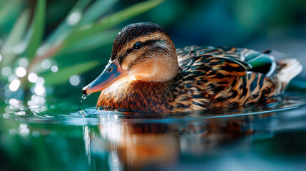Close-up of a duck swimming on calm water with bright reflections and natural lighting
