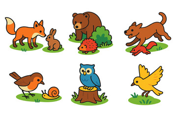 Obraz premium Animal Interaction Icons. Outdoor Animal Interactions isometric flat set: gentle sniff, cautious peek, playful chase, curious tilt, quiet watch, soft landing.