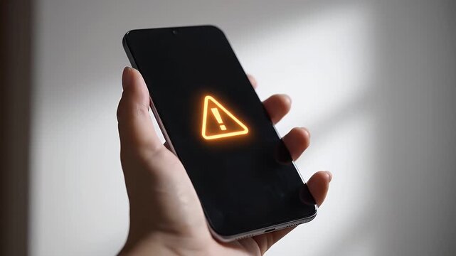 Close Up of Person Holding Black Smartphone with Glowing Warning Triangle on Screen against White Background