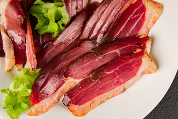 Duck breast slice magret smoked meat poultry meat food tasty snack fresh delicious gourmet food background on the table rustic food top view copy space