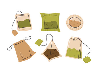Tea bags packaging set. Collection of various teabags, pyramid pouch, filter paper, sachet. Hot beverage concept. Vector illustration.
