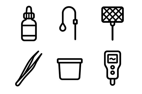 Aquarium Tools Icons. Aquarium Support Tools linear set: dropper bottle, drip acclimation tube, micro net, feeding tweezer, small container cup, stability meter.