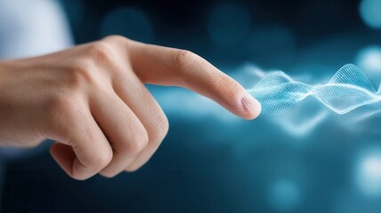 Finger activating virtual interface, emitting energy connecting technology waves, digital futuristic