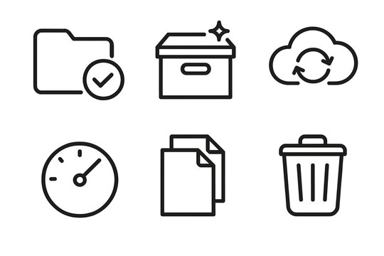 Digital Storage Icons. Digital Storage Hygiene linear set: clean folder, archive box, duplicate finder, cloud sync, storage meter, delete bin.