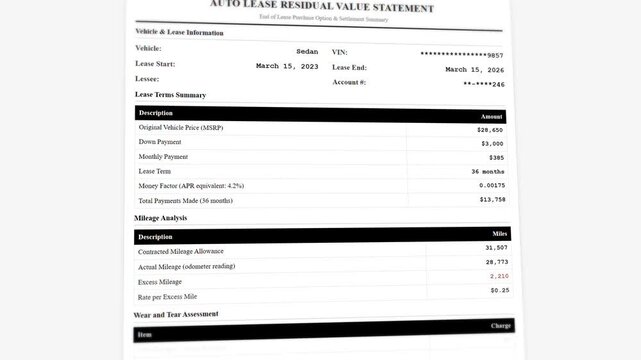 Animated auto lease settlement calculator template: comprehensive end-of-term residual value assessment with mileage charge breakdown
