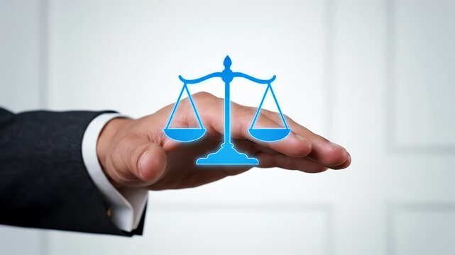 Close Up of Person's Hand Holding Digital Scales of Justice on Light Gray Background in Professional Setting Law and Legal Theme