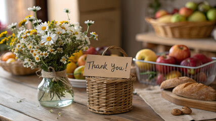 Fresh fruit basket with flower vase and thank you sign on table  