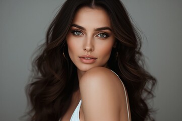 Primer plano beauty de rostro estilizado con piel luminosa y cabello largo negro, posando con naturalidad en un ambiente de iluminaci&oacute;n profesional.