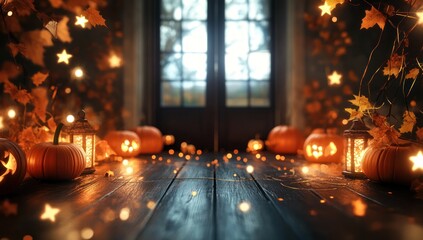 Halloween festive display with glowing carved pumpkins, cozy lanterns, autumn leaves, and star string lights on a wooden floor at night.