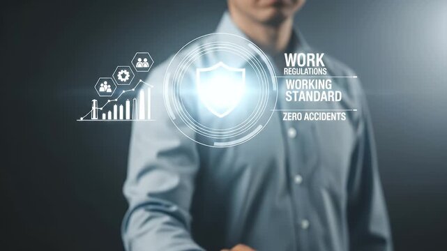 Man in Blue Shirt Touching Glowing Shield Icon Representing Work Standard With Data Chart and Light Flare Against a Dark Gray Background