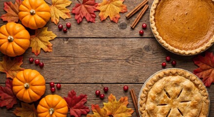 Rustic Thanksgiving Flat Lay with Pumpkins, Autumn Leaves, and Pie on Wooden Table