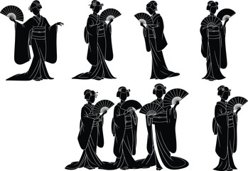 Silhouette illustration of women in traditional Japanese kimono holding folding fans, elegant poses, cultural attire, geisha style aesthetics