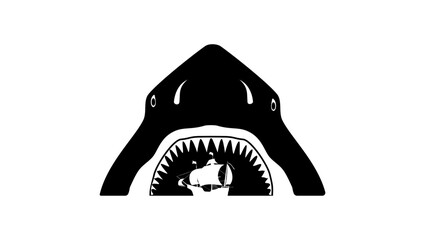 A mega-shark is trying to swallow a ship, black isolated silhouette