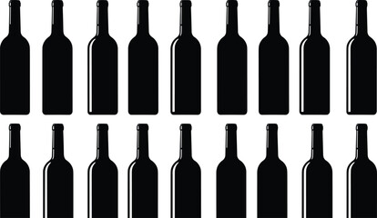 Grid of identical wine bottle silhouettes, black beverage icons, minimalist alcohol design, winery branding graphic for stock illustration use