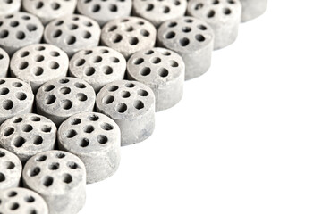 Carbon dioxide reforming of methane. Nickel catalyst seven holes cylinder pellet form shape methanol synthesis industrial petrochemical view close up shot texture background with copy space.