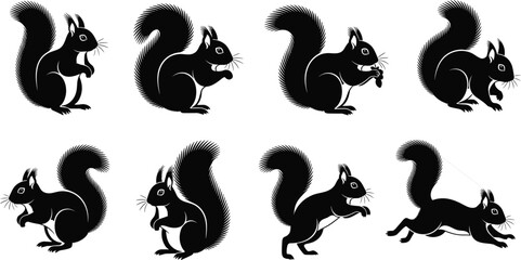 Cute squirrel black silhouette vector illustration set, showing different poses like running, sitting, and eating, perfect for nature, wildlife, or forest-themed graphic design projects. © MDASIKUL