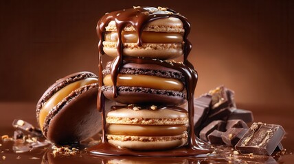 Stacked chocolate macarons dripping with smooth caramel sauce and rich ganache, surrounded chocolate bar pieces by broken