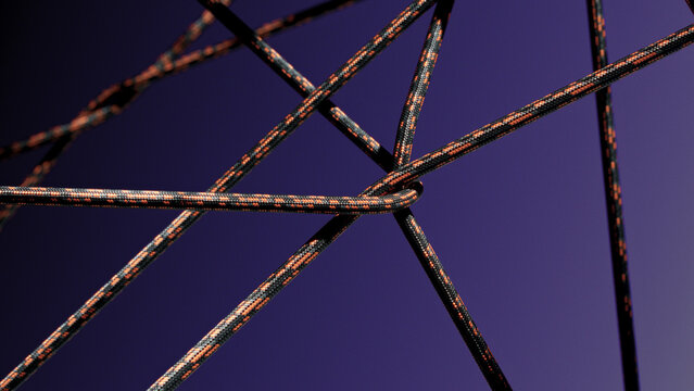 Interconnected black and orange braided ropes tied in a secure knot network against a gradient purple background in abstract formation