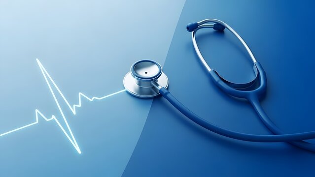 Stethoscope on blue background with ECG heartbeat line