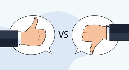 A thumbs up and thumbs down in speech bubbles with VS in between for concepts like feedback debate and pros and cons.