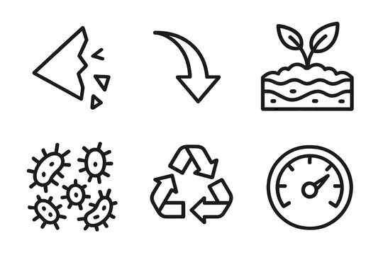 Eco-Friendly Degradation Icons. Sustainable Material Degradation linear set: degradable polymer shard, eco-breakdown arrow, soil integration patch, microbial cluster, nutrient