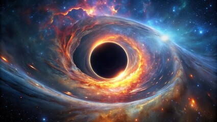 a swirling vortex of cosmic energy and fiery hues surrounds a central black hole capturing the immense gravitational pull and distortion
