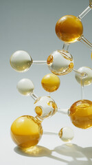 Cosmetic essence science model structure. Nanotechnology macro shot of a clear gel serum. The skeletal chemical formula depicts water, oil, or hyaluronic acid's molecular structure. Vertical image