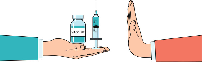 Vaccine refusal icon set, hand rejecting syringe and vial gesture in public health context, cad drawing flat vector illustration
