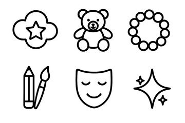Therapeutic Play Icons. Therapeutic Play Elements linear set: imagination cloud, comfort toy, sensory bead ring, creative tools, gentle expression mask, healing spark.