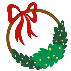 Christmas wreath. Decor for New Year Christmas and holiday. Wreath with holly berries, mistletoe, pine and fir branches, cones, rowan berries. Hand drawn illustration isolated on the white background