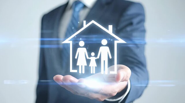 Man In Blue Suit Holding Family Icon In Open Palm On Light Gray Background Family Home Security And Insurance Concept