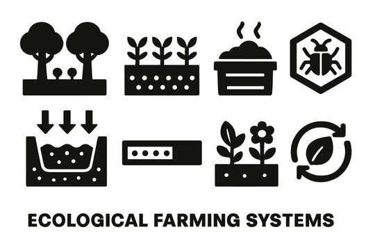 Ecological Farming Icons. Ecological farming systems silhouette set: tree&ndash;crop alley tile, cover crop band, compost module, water infiltration pit, soil vitality bar, insect