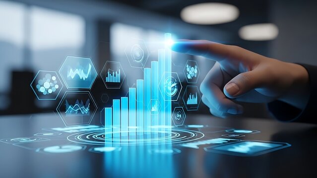 Businessman hand touching virtual screen with business graph and data analytics dashboard - Powered by Adobe