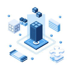 A modern isometric illustration displays a central server tower surrounded by floating data blocks and a puzzle piece, symbolizing the seamless integration and architecture of cloud infrastructure