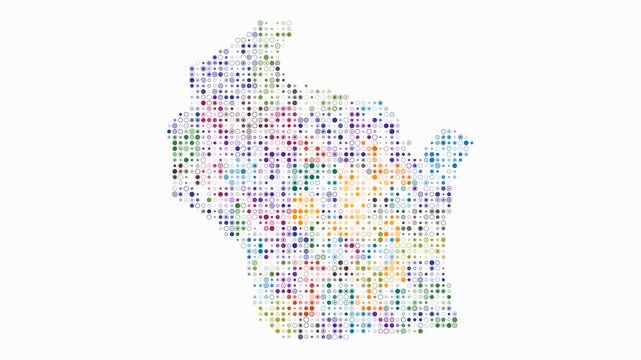 Wisconsin animation. Shape of the state with pulsating colored dots. Small size circle blocks. Digital style map on white background. Stylish video.